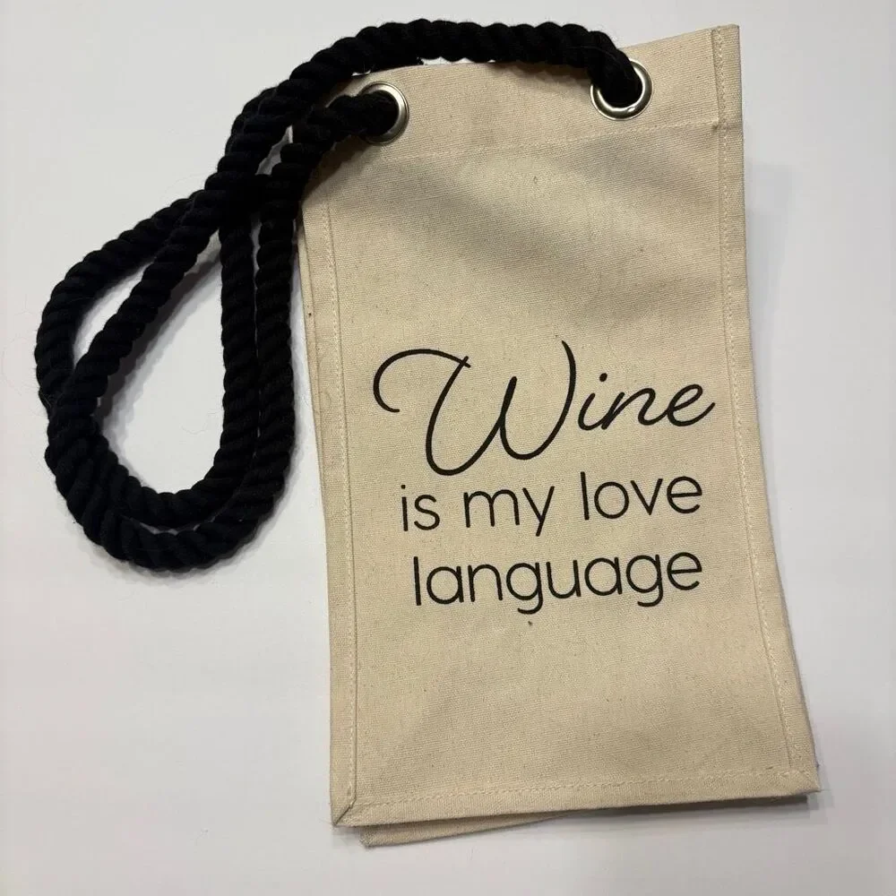 Cocopop Wine is My Love Language Canvas Wine Bag with Tassel and Rope Handles